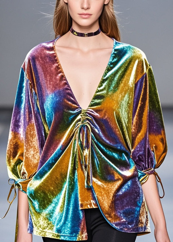 Boho Multicolour Asymmetrical Drawstring Silk Velour Shirt Top Fall