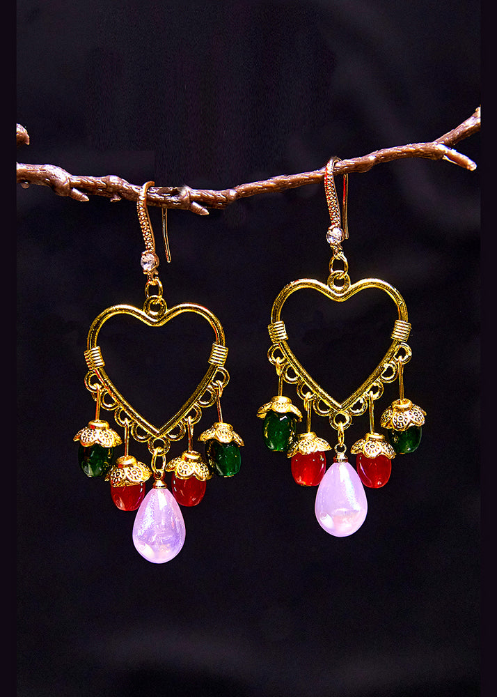 Boho Multicolour Beads Heart-shaped Tassels Drop Earrings