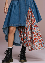 Boho Navy Asymmetrical Patchwork Print Denim Skirt Spring