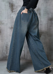 Boho Navy Elastic Waist Pockets Denim Wide Leg Pants Spring