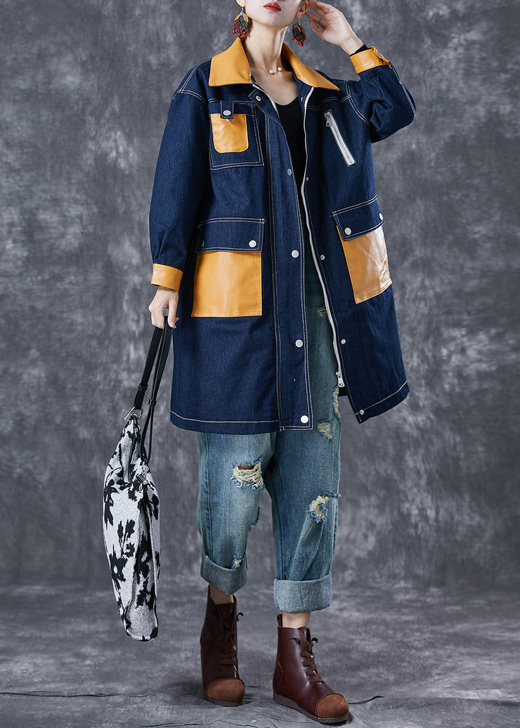 Boho Navy Oversized Patchwork Pockets Denim Coat Outwear Fall