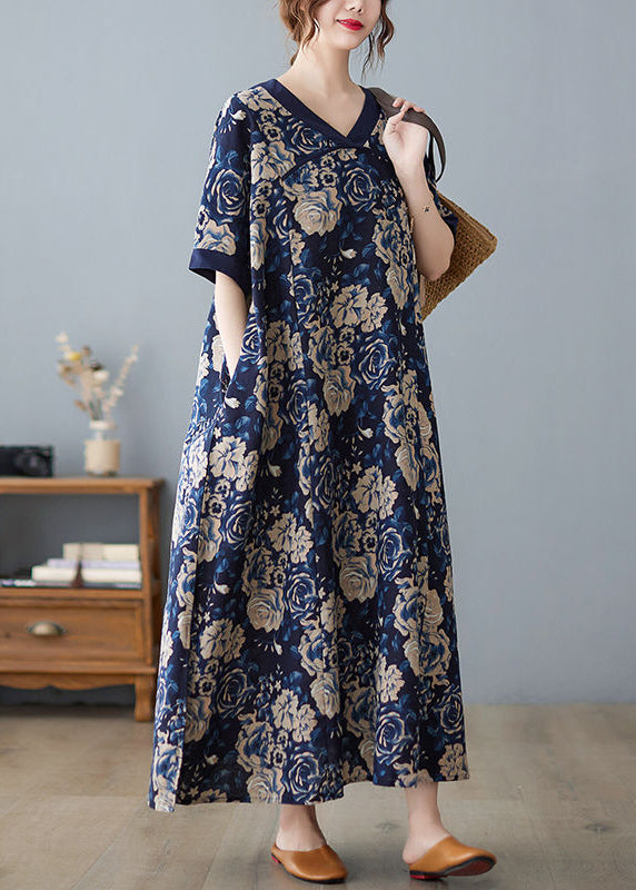 Boho Navy Oversized Print Cotton Vacation Dresses Summer