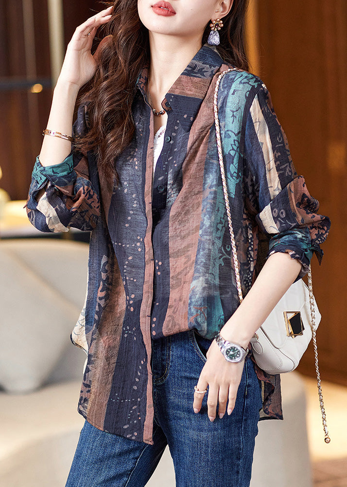 Boho Navy Peter Pan Collar Print Button Shirt Long Sleeve