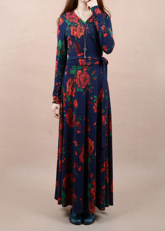 Boho Navy V Neck Print Tie Waist Cotton Long Dress Spring