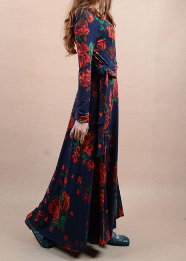 Boho Navy V Neck Print Tie Waist Cotton Long Dress Spring