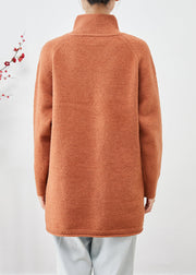 Boho Orange High Neck Zip Up Thick Knit Sweater Tops Winter