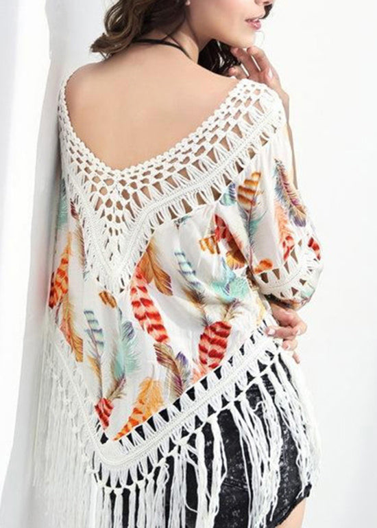 Boho Orange Print Tasseled Patchwork Bikini Beach Cover Up