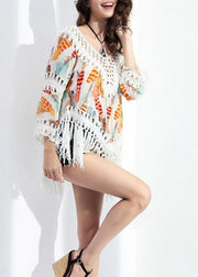 Boho Orange Print Tasseled Patchwork Bikini Beach Cover Up