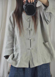 Boho Oversized Chinese Button Pockets Linen Shirt Fall