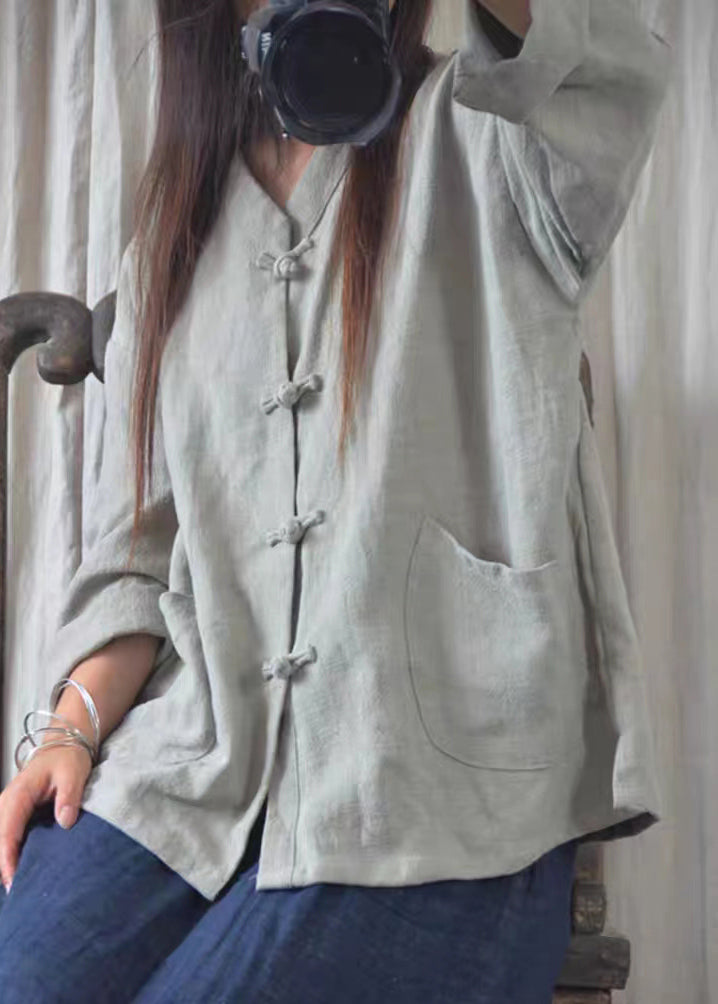 Boho Oversized Chinese Button Pockets Linen Shirt Fall