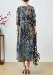 Boho Peacock Blue Cinched Print Cotton Dress Spring