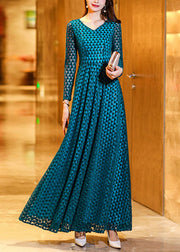 Boho Peacock Blue Wrinkled Hollow Out Lace Long Dress Long Sleeve