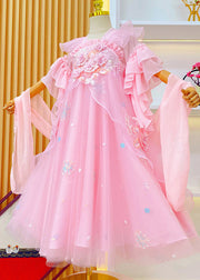 Boho Pink Embroideried Ruffled Tulle Kids Girls Long Dresses Summer