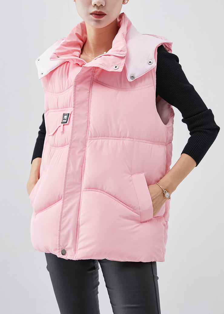 Boho Pink Hooded Warm Fine Cotton Filled Puffers Vests Winter