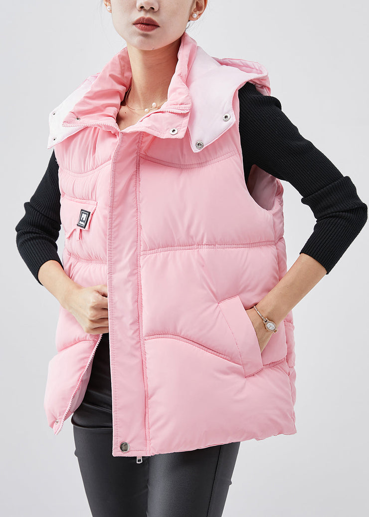 Boho Pink Hooded Warm Fine Cotton Filled Puffers Vests Winter