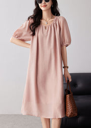 Boho Pink O-Neck Hollow Out Cotton Dresses Summer