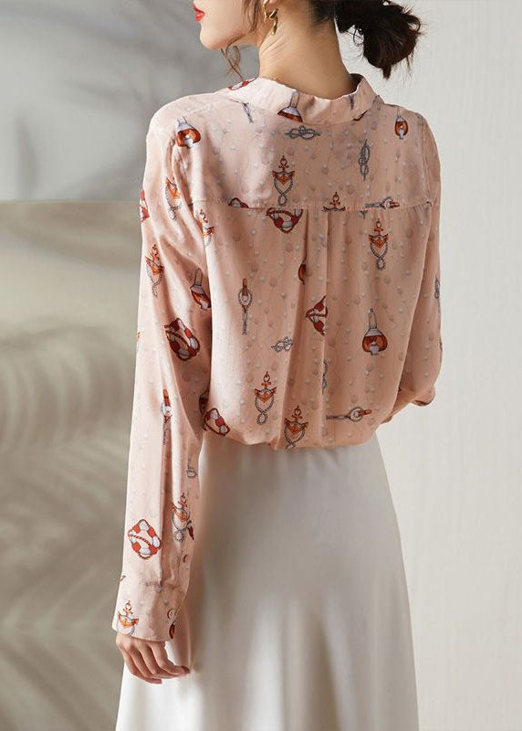 Boho Pink Peter Pan Collar Print Silk Blouses Spring