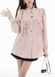 Boho Pink Ruffled Patchwork Wrinkled Chiffon Top Puff Sleeve