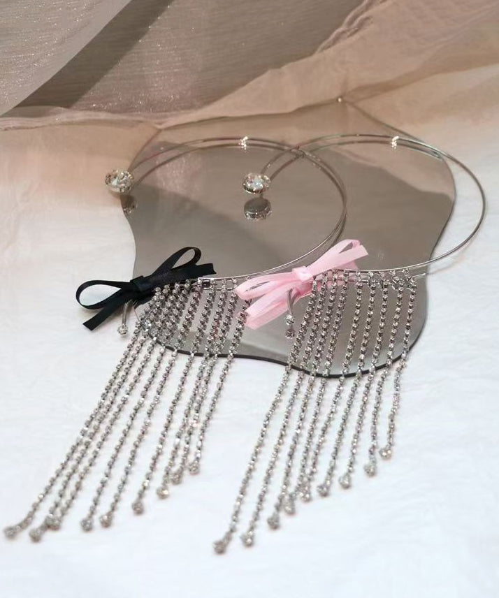 Boho Pink Stainless Steel Bow Tassel Lariat Necklace