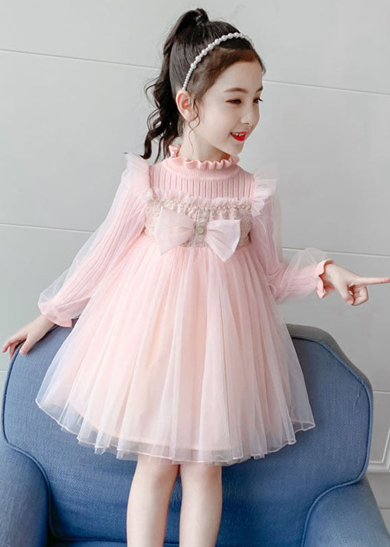 Boho Pink Stand Collar Bow Knit Patchwork Tulle Girls Vacation Maxi Dresses Fall