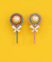 Boho Pink Zircon Pearl Bow Lollipop Brooches