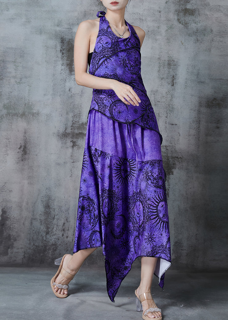 Boho Purple Asymmetrical Print Cotton Halter Dress Summer