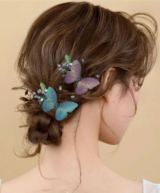 Boho Purple Crystal Pearl Butterfly Embroidery Duckbilled Hairpin