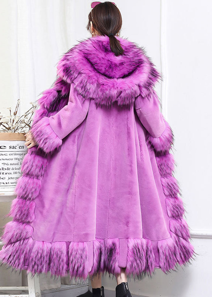 Boho Purple Fur Collar Patchwork Tie Waist Faux Fur Long Coat Winter