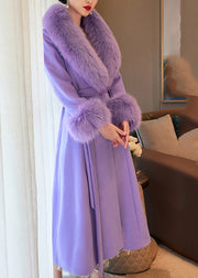 Boho Purple Fur Collar Pockets Tie Waist Wool Maxi Coats Winter