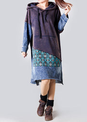 Boho Purple Hooded Denim Patchwork Cotton Dress Spring