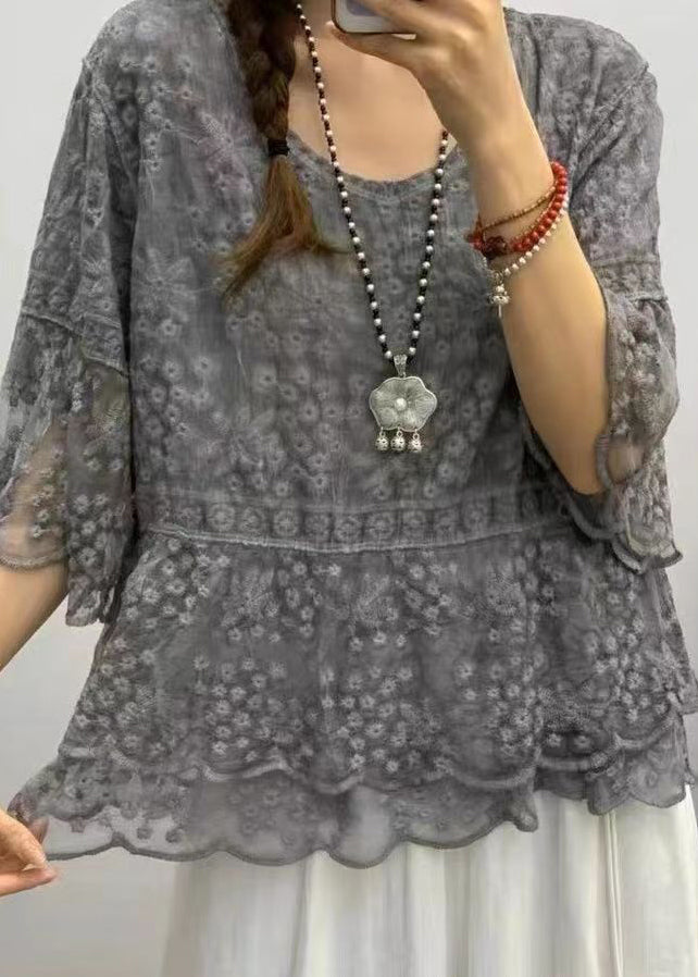 Boho Purple O Neck Embroideried Lace Blouses Bracelet Sleeve