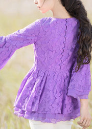 Boho Purple O Neck Lace Ruffled Top Bracelet Sleeve