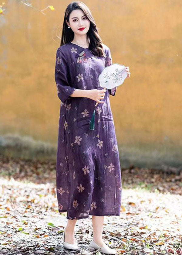 Boho Purple O Neck Print Button Patchwork Linen Long Dress Summer