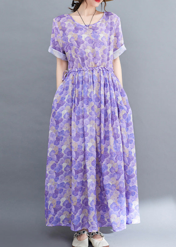 Boho Purple O-Neck Print Patchwork Cotton Long Dress Short Sleeve