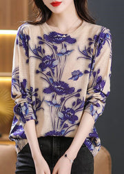 Boho Purple O Neck Print Patchwork Knit Sweaters Fall