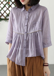 Boho Purple Peter Pan Collar Asymmetrical Patchwork Button Ramie Shirts Half Sleeve