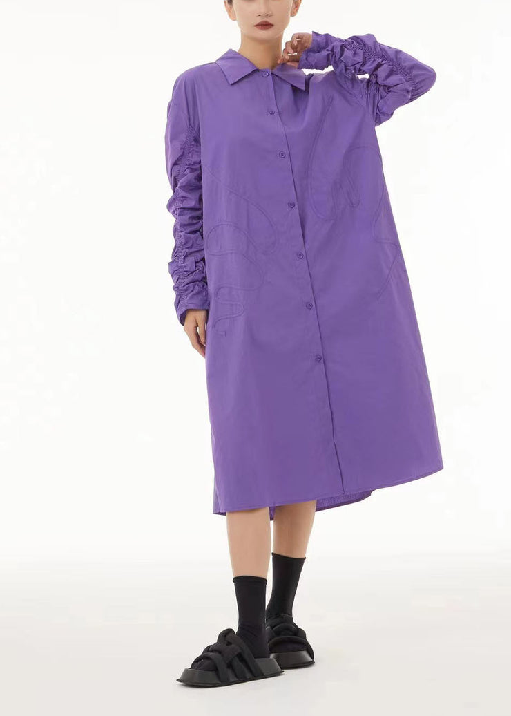 Boho Purple Peter Pan Collar Wrinkled Cotton Long Dress Spring