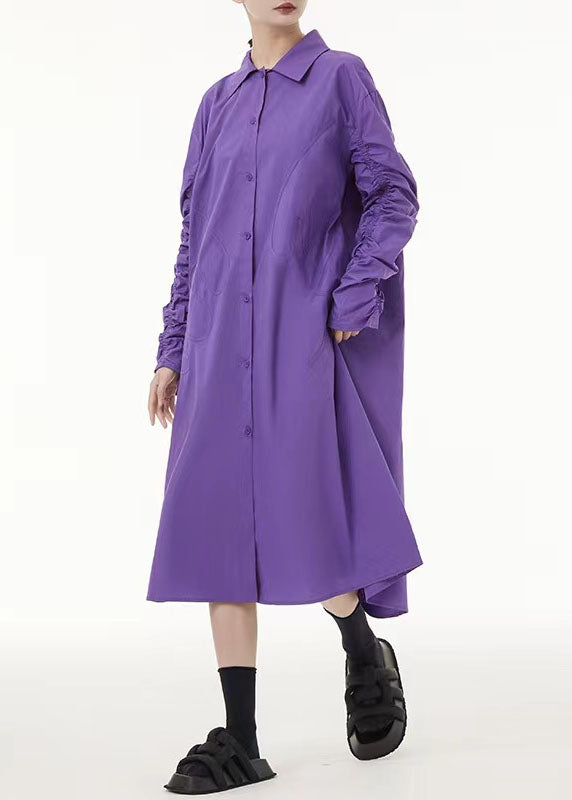 Boho Purple Peter Pan Collar Wrinkled Cotton Long Dress Spring