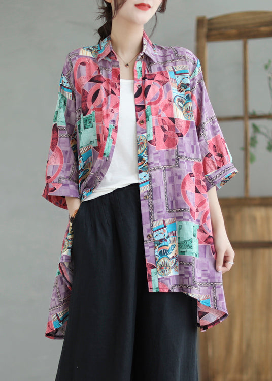 Boho Purple Print Low High Design Linen Long Shirts Summer