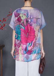 Boho Purple Print Patchwork Chiffon Top Summer