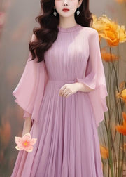 Boho Purple Solid Wrinkled Chiffon Dresses Butterfly Sleeve