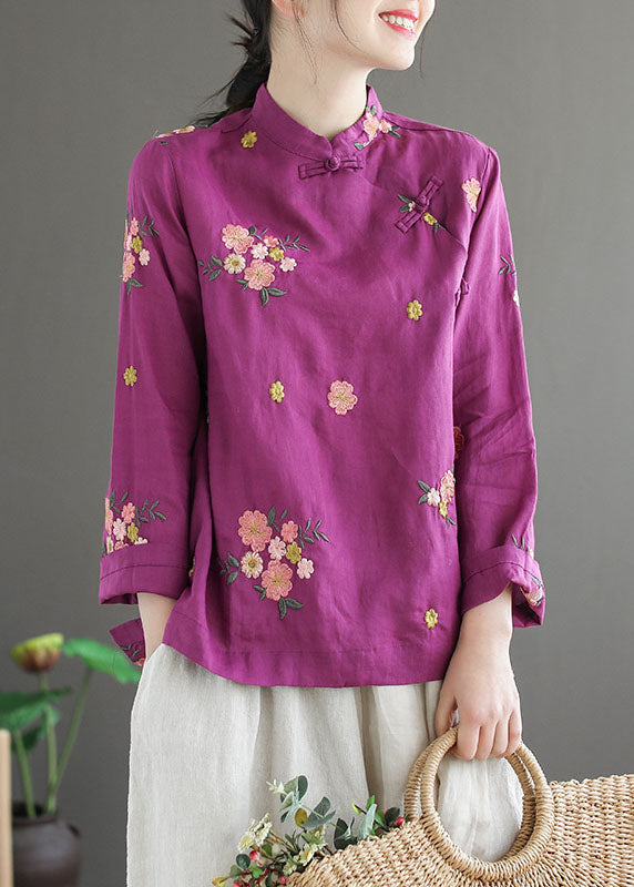 Boho Purple Stand Collar Embroideried Patchwork Cotton Top Spring