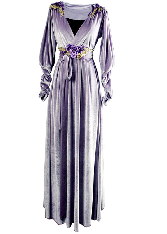 Boho Purple V Neck Applique Tie Waist Silk Velour Maxi Dresses Spring