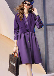 Boho Purple V Neck Patchwork Knit Fake Two Piece Party Dress Spring