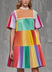 Boho Rainbow Ruffled Patchwork Wrinkled Chiffon Mini Dress Summer