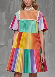 Boho Rainbow Ruffled Patchwork Wrinkled Chiffon Mini Dress Summer