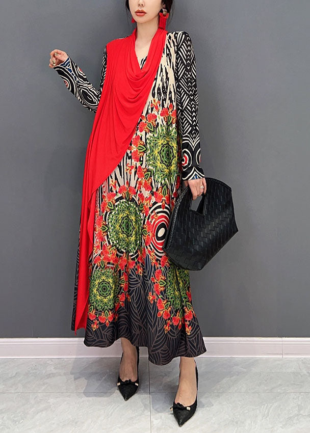 Boho Red Asymmetrical Patchwork Print Maxi Dress Spring