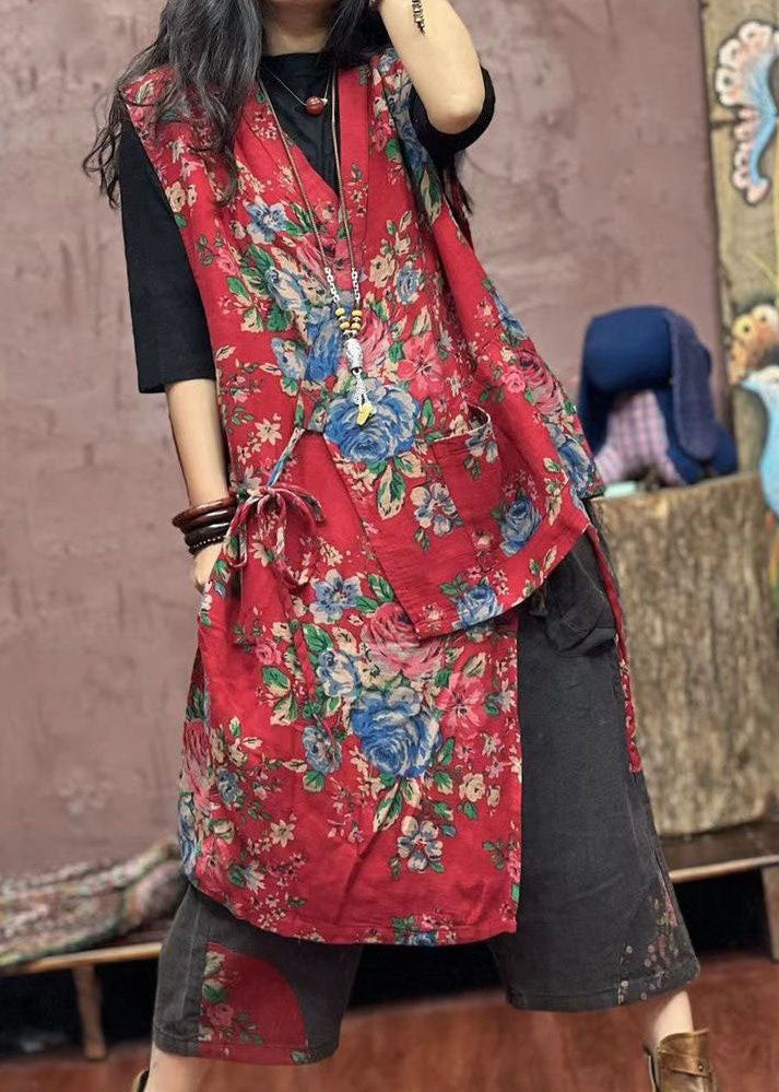 Boho Red Asymmetrical Print Patchwork Cotton Waistcoat Sleeveless