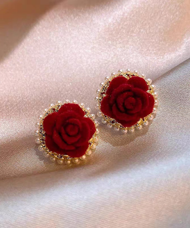 Boho Red Copper Alloy Pile Coating Floral Stud Earrings