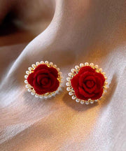 Boho Red Copper Alloy Pile Coating Floral Stud Earrings